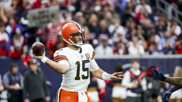 Jan 13, 2024; Houston, Texas, USA; Cleveland Browns quarterback Joe Flacco (15) throws the ball during the first quarter in a 2024 AFC wild card game at NRG Stadium. Mandatory Credit: Thomas Shea-USA TODAY Sports